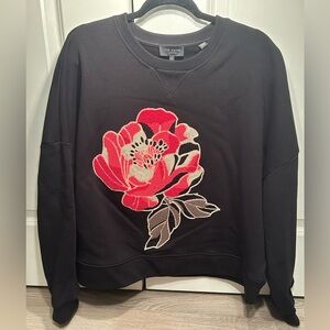 Ted Baker Black Sweatshirt with Bold Red Floral Motif Embroidered Sz 5 XL Cotton